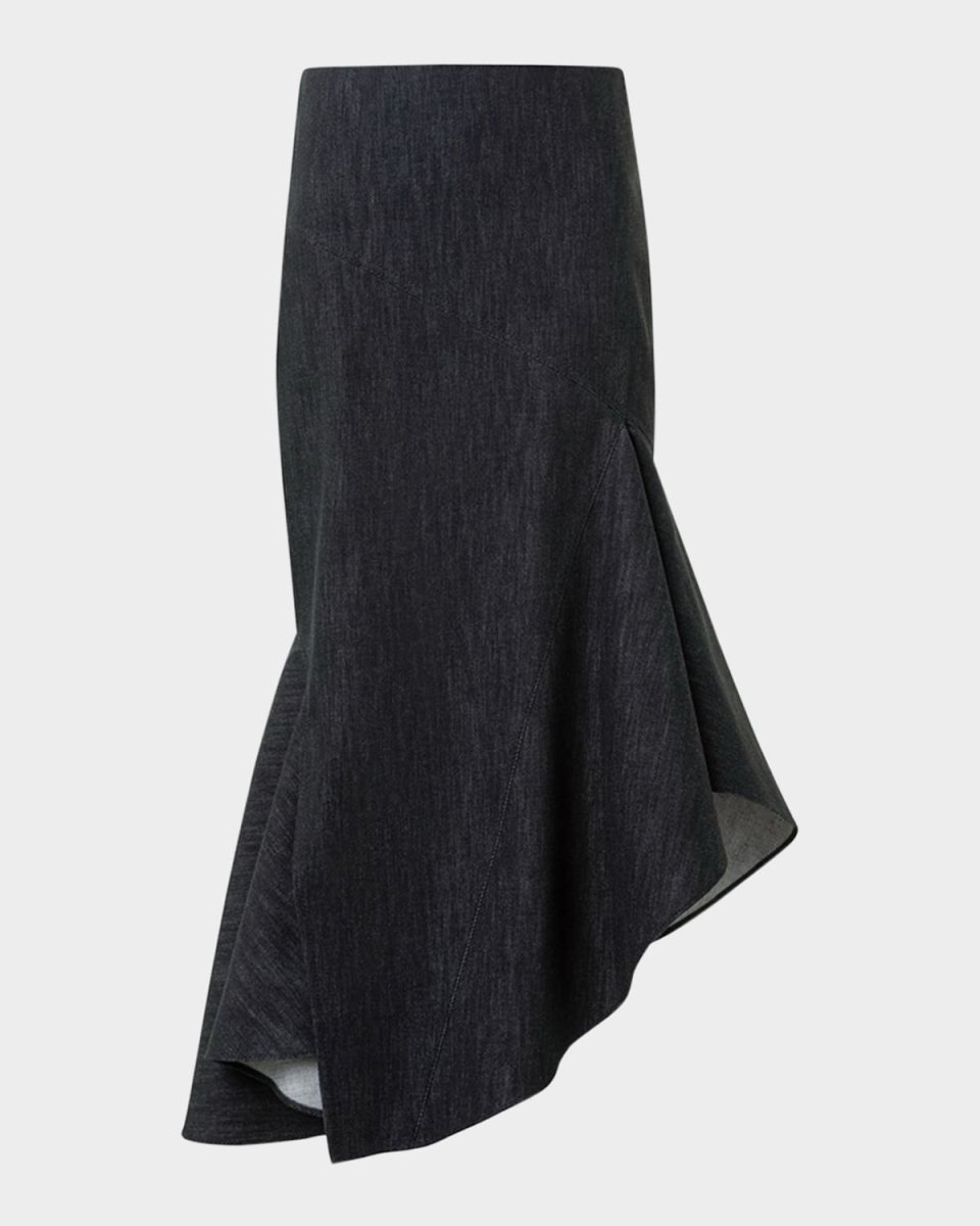 Asymmetric Flared-Hem Stretch Denim Midi Skirt